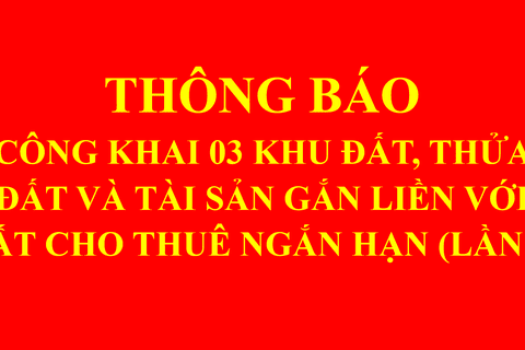 THÔNG BÁO CÔNG KHAI 03 KHU ĐẤT, THỬA ĐẤT VÀ TÀI SẢN GẮN LIỀN VỚI ĐẤT CHO THUÊ NGẮN HẠN (LẦN 2)